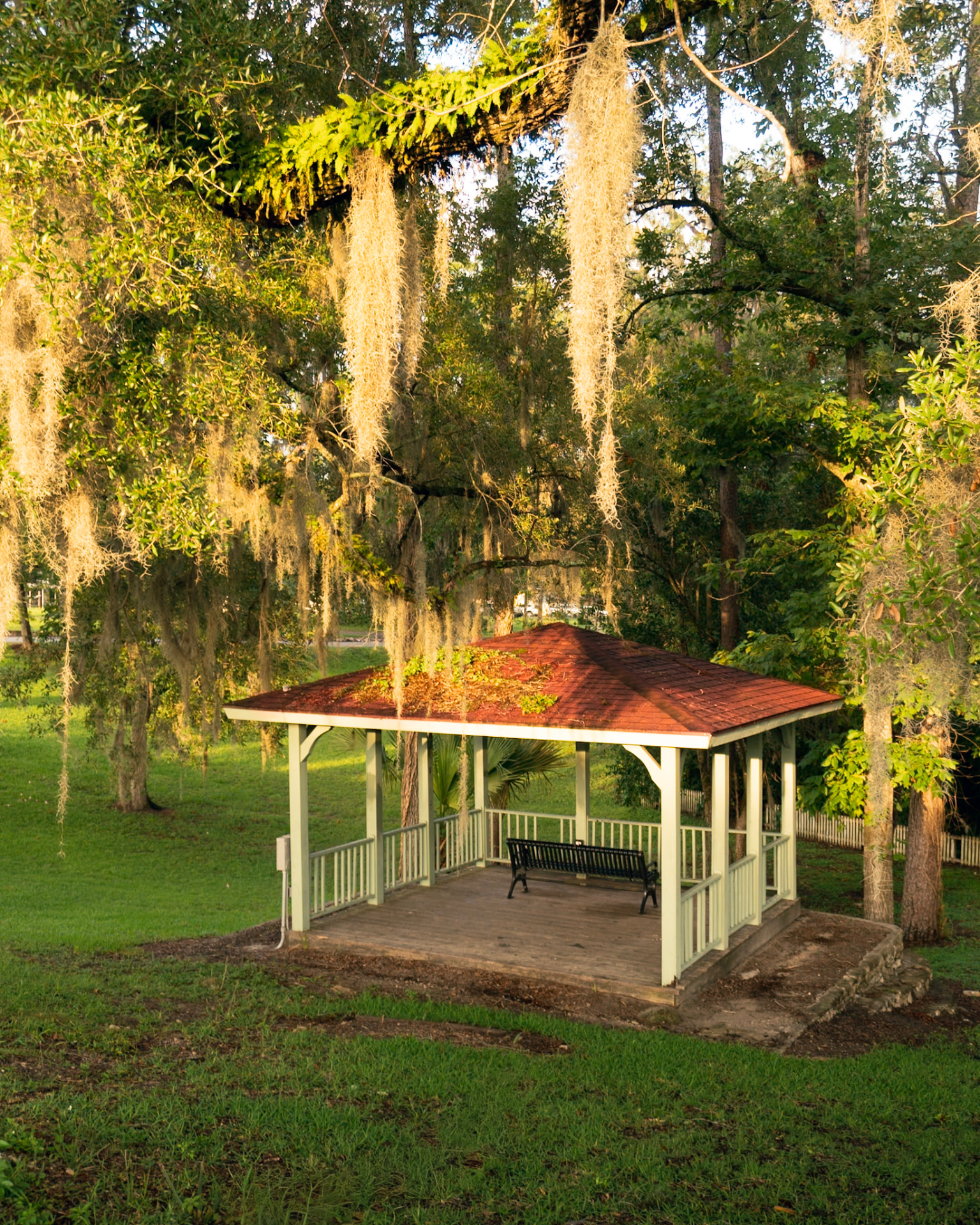 Green gazebo beneath moss-draped oaks in warm evening light