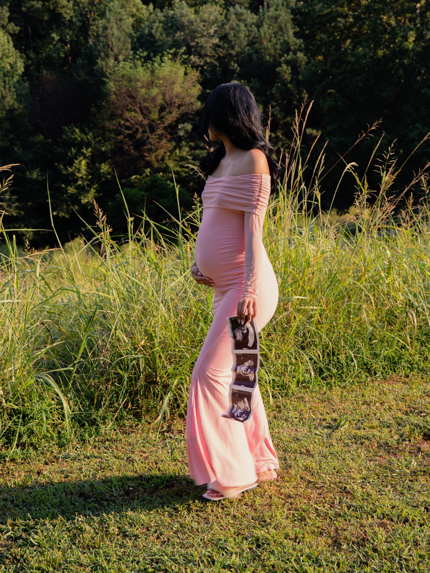 Maternity portrait holding ultrasound photos in tall golden grass