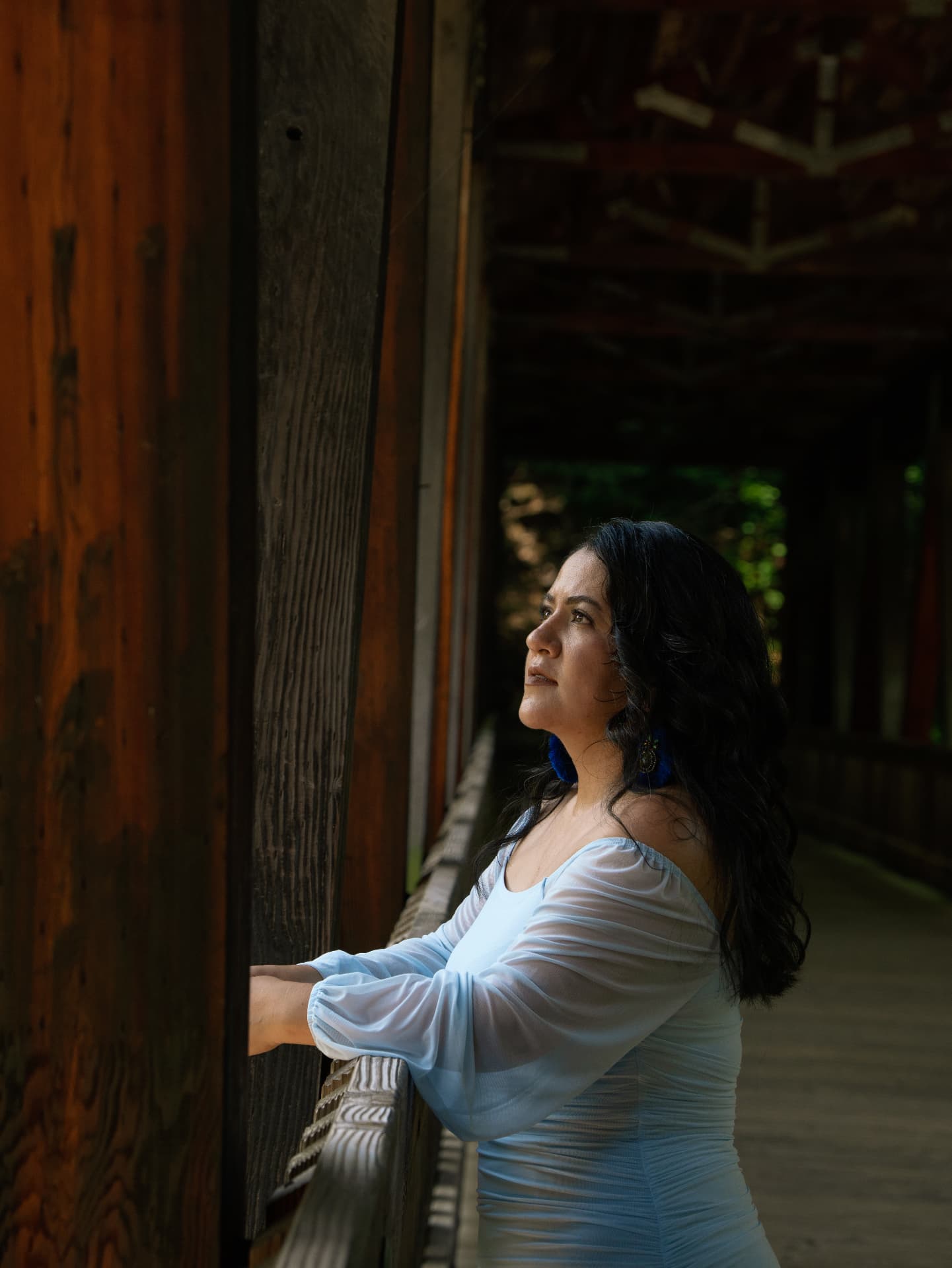 Close profile portrait of a woman in a blue gown inside a wooden covered bridge