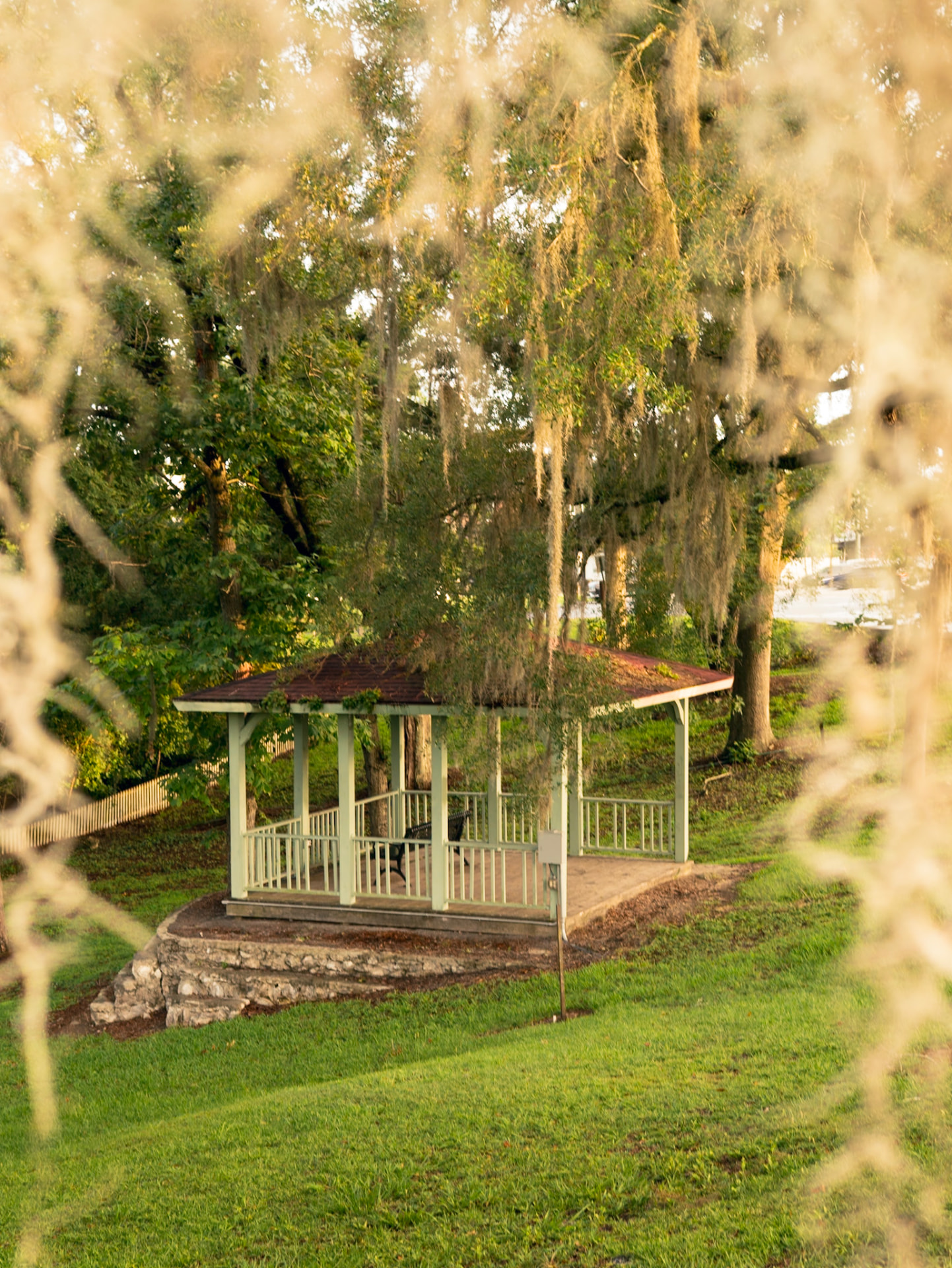 Park gazebo seen through hanging Spanish moss at golden hour in North Georgia