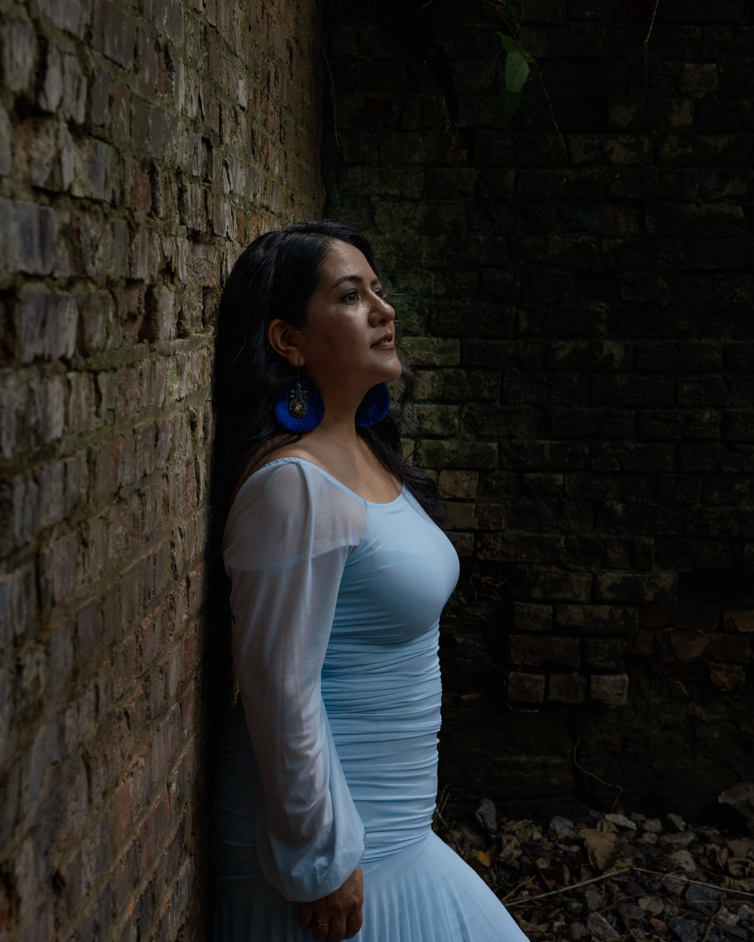 Profile portrait of a woman in a blue gown beside an old brick wall