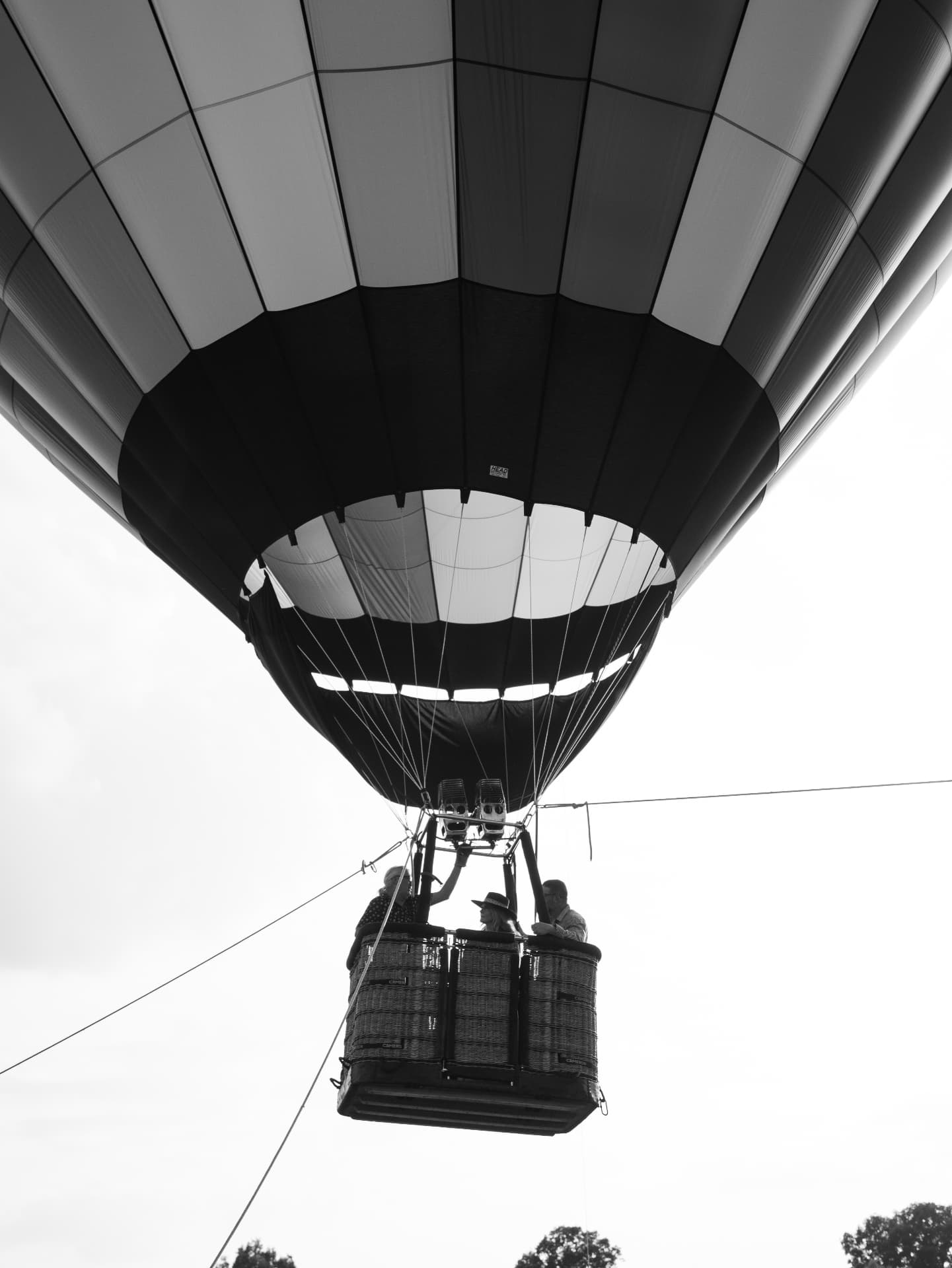 Black and white view of a hot air balloon basket rising overhead