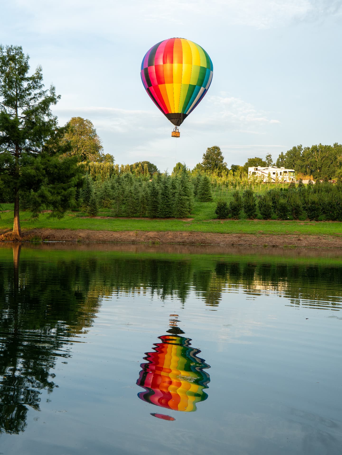 Rainbow hot air balloon mirrored in a still pond at golden hour